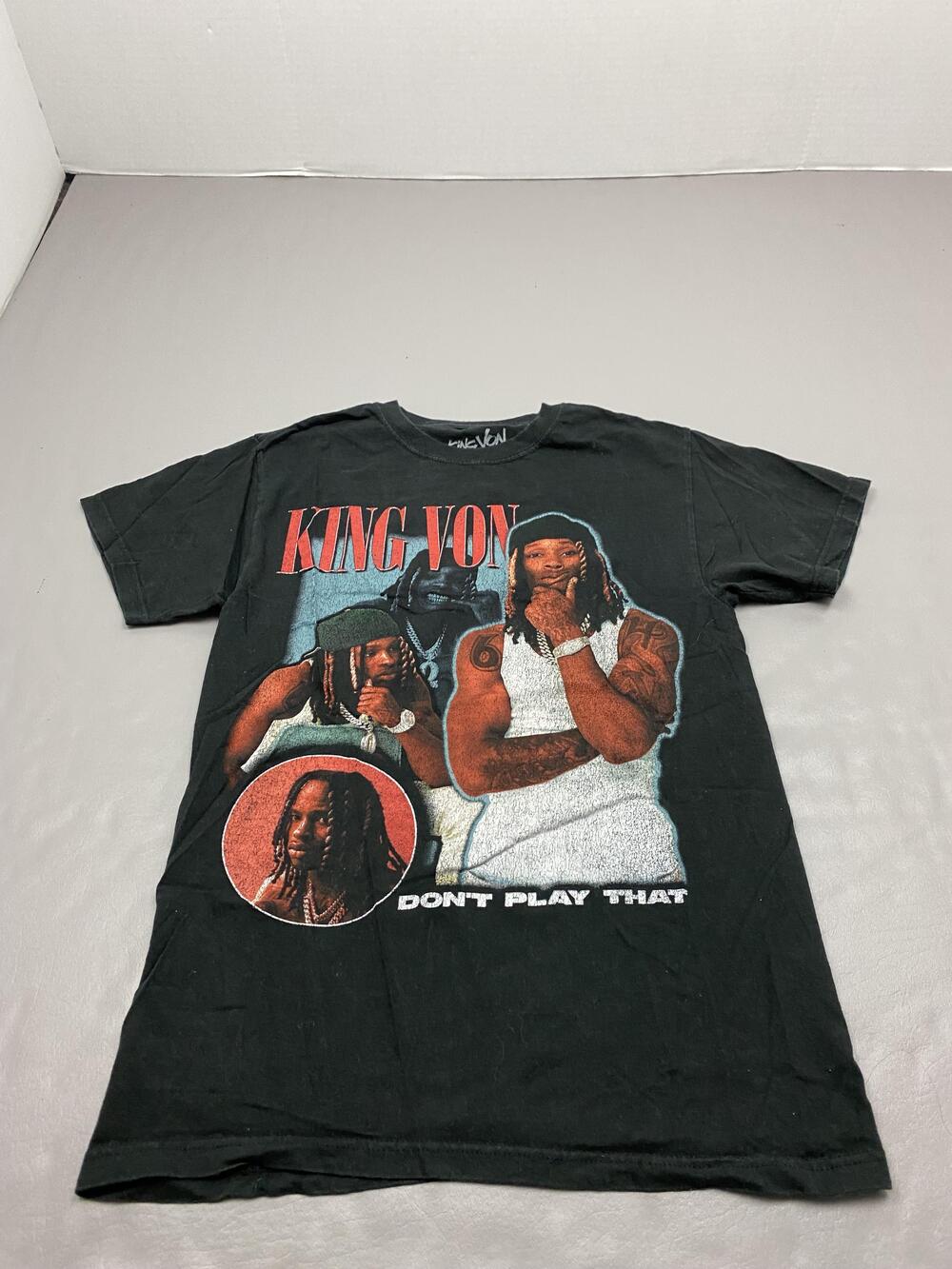 King Von Shirt Mens S Black Don't Play That Graphic Rapper Portrait Tee